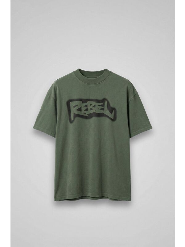 Abluka Online Erkek Baskılı Yıkamalı Premium Oversize T-Shirt Haki