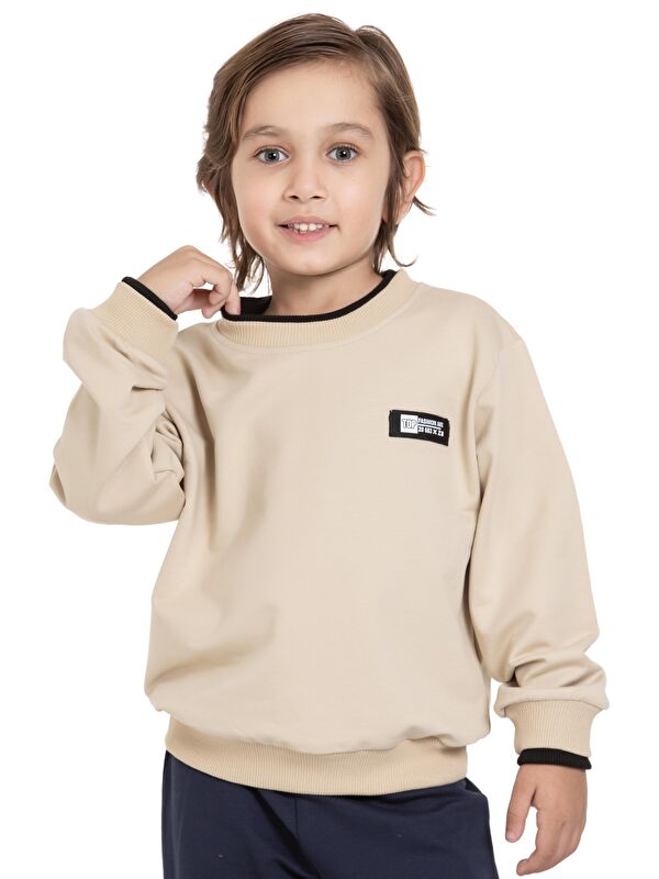 Zepkids Yakası Kaşkorse Detaylı Bej Renk Erkek Çocuk Sweatshirt