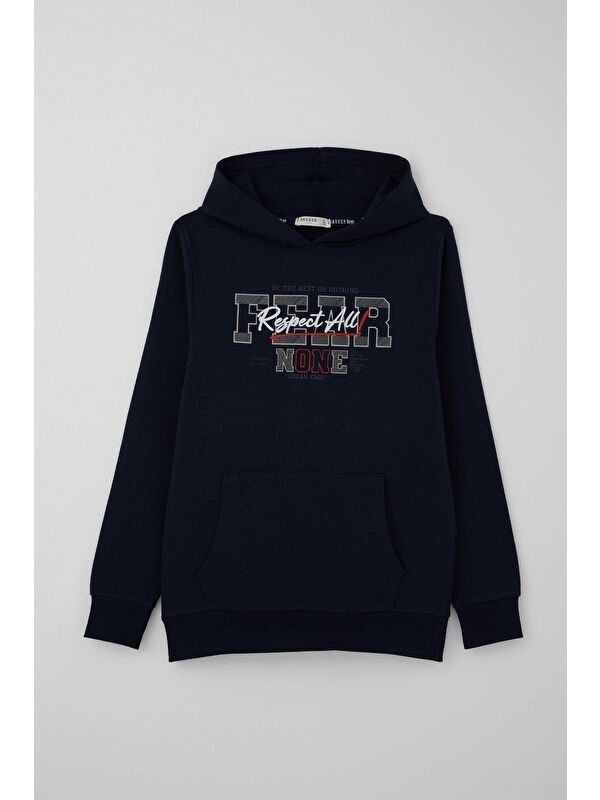 Breeze Erkek Çocuk Sweatshirt Kapüşonlu Yazı Baskılı Kanguru Cepli Lacivert (9-14 Yaş)