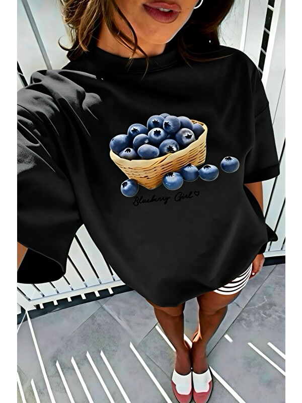 Oksit Blueberry Girl Tasarım Baskılı Pamuklu Oversize Kadın T-Shirt