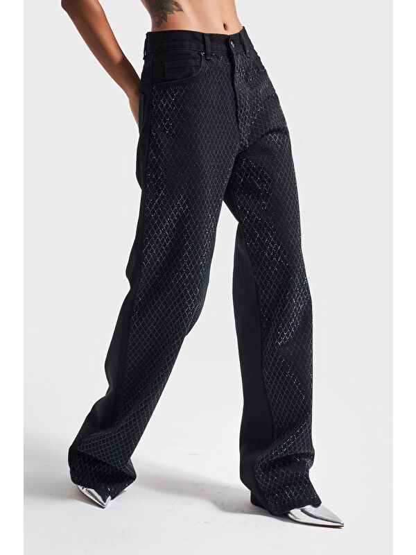 It's Basic Kadın Parlak Baklava Taşlı Loose Fit Tasarım Denim