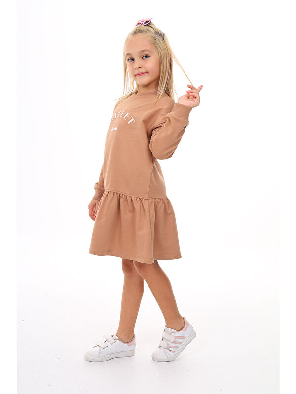 Toontoykids Kız Çocuk Baskılı Regular Fit Bisiklet Yaka Uzun Kollu Lastikli Elbise