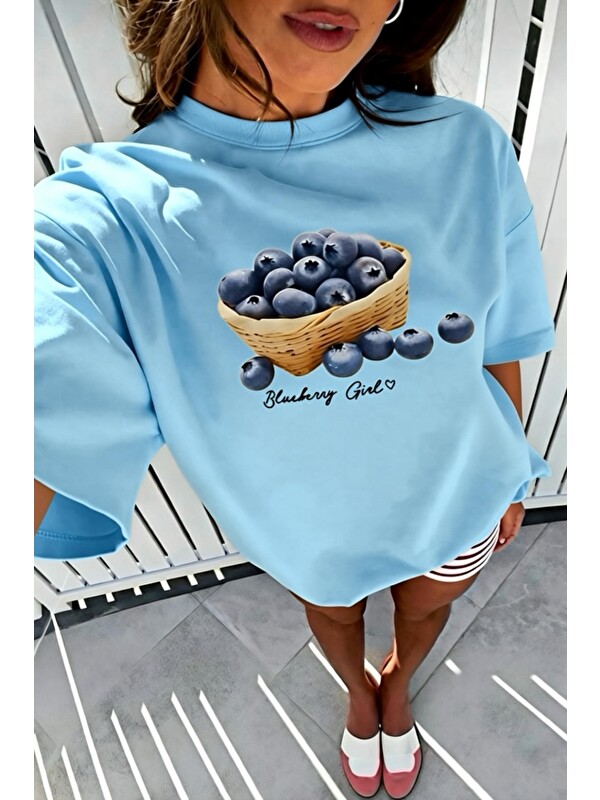 Oksit Blueberry Girl Tasarım Baskılı Pamuklu Oversize Kadın T-Shirt