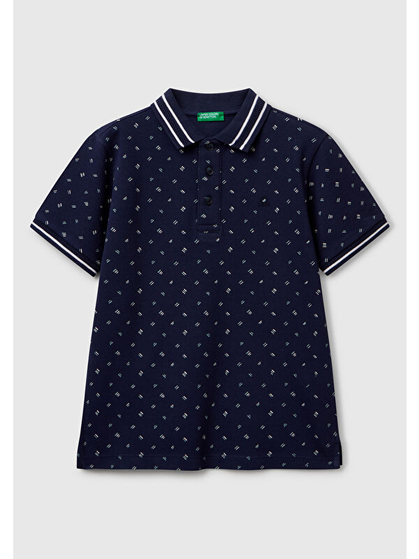 United Colors Of Benetton Erkek Çocuk Lacivert Desenli Çizgili Polo T-Shirt