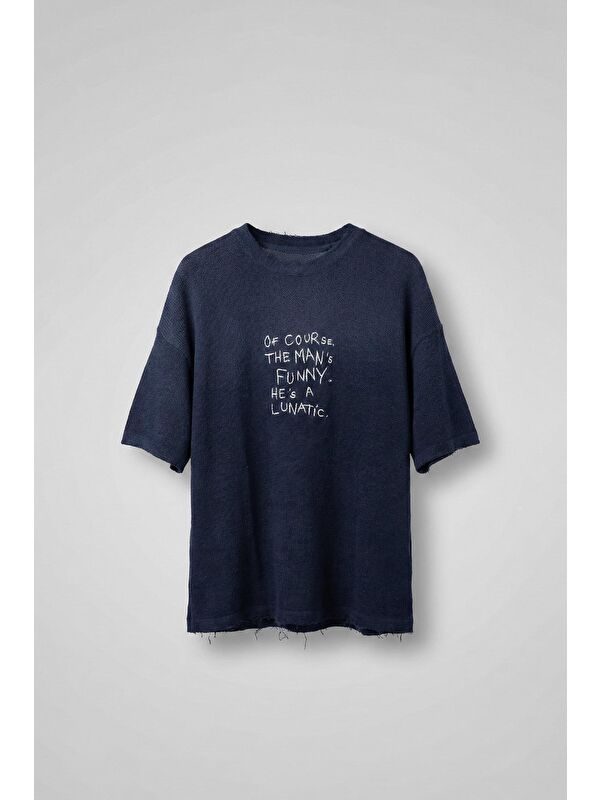 Abluka Online Erkek Renk Geçişli İşlemeli Oversize Dokulu T-Shirt Lacivert