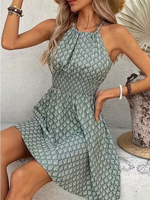 Jane's Kadın Omuzlardan Açık Boyun Arkasından Bağcıklı Beli Lastikli Kısa Süprem Elbise