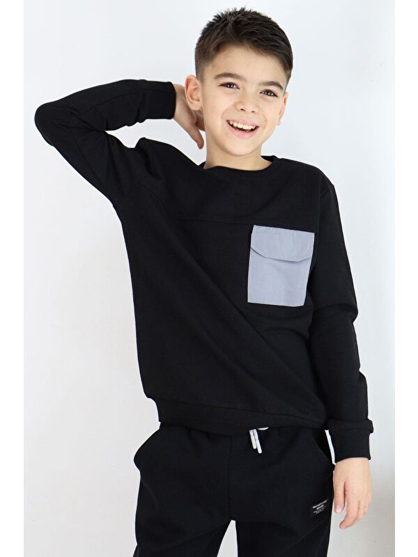 Breeze Erkek Çocuk Sweatshirt Kapaklı Cep Detaylı Siyah (6-12 Yaş)