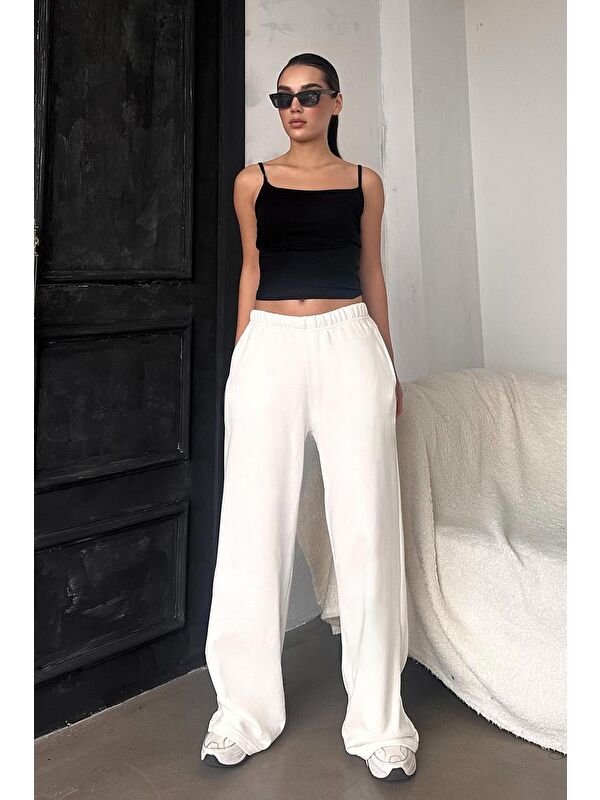 Madmext Beyaz Bol Paça Kadın Eşofman Altı Mg2279