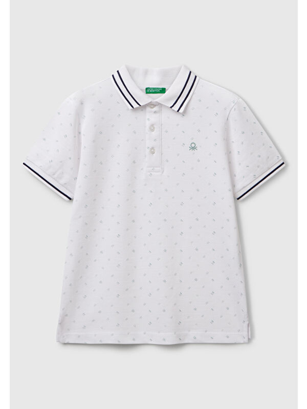 United Colors Of Benetton Erkek Çocuk Beyaz Desenli Çizgili Polo T-Shirt