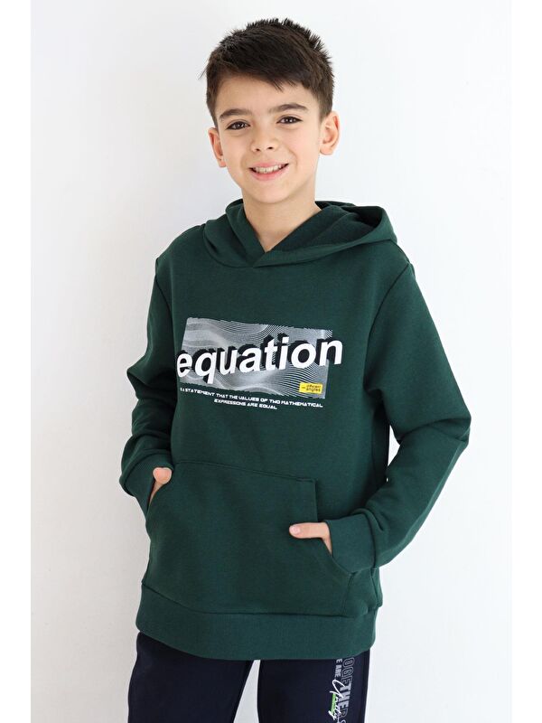 Breeze Erkek Çocuk Sweatshirt Yazı Baskılı Kanguru Cepli Kapüşonlu Koyu Yeşil (8-9 Yaş)