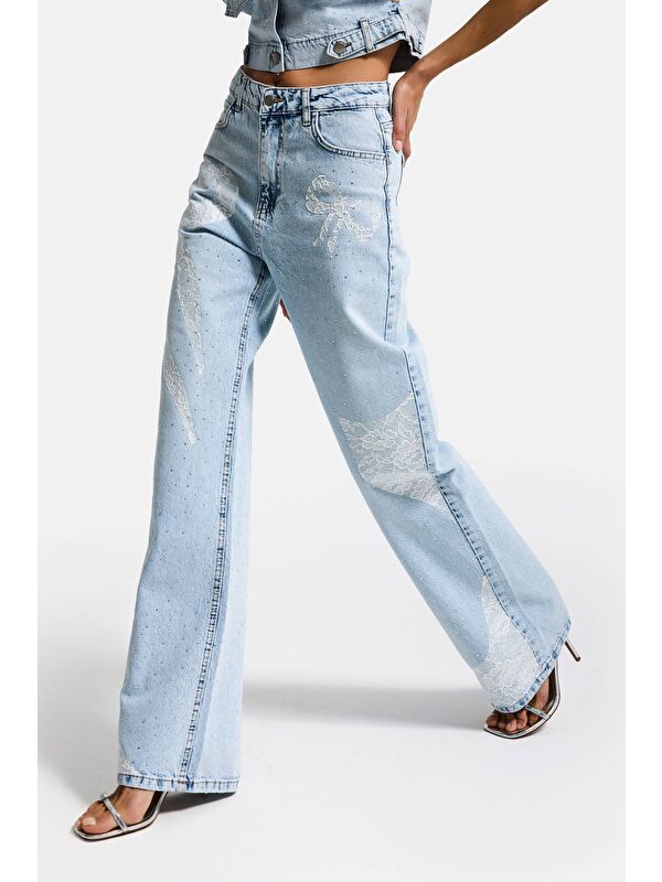 It's Basic Kadın Ice T-4s6-3 Straight Fit Taş ve Dantel Detaylı Özel Tasarım Denim Jean