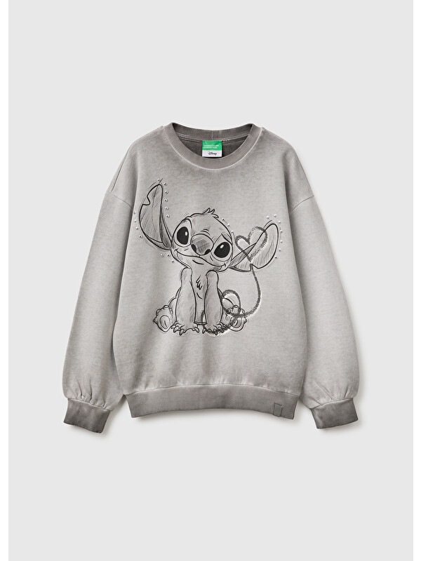 United Colors Of Benetton Kız Çocuk Koyu Gri Önü Lilo&Stitch Baskılı Oversize Bisiklet Yaka Sweatshirt