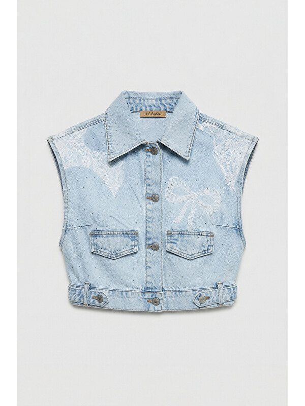 It's Basic Kadın Ice T-3s6-3 Crop Fit Dantel ve Taş Detaylı Tasarım Denim Yelek