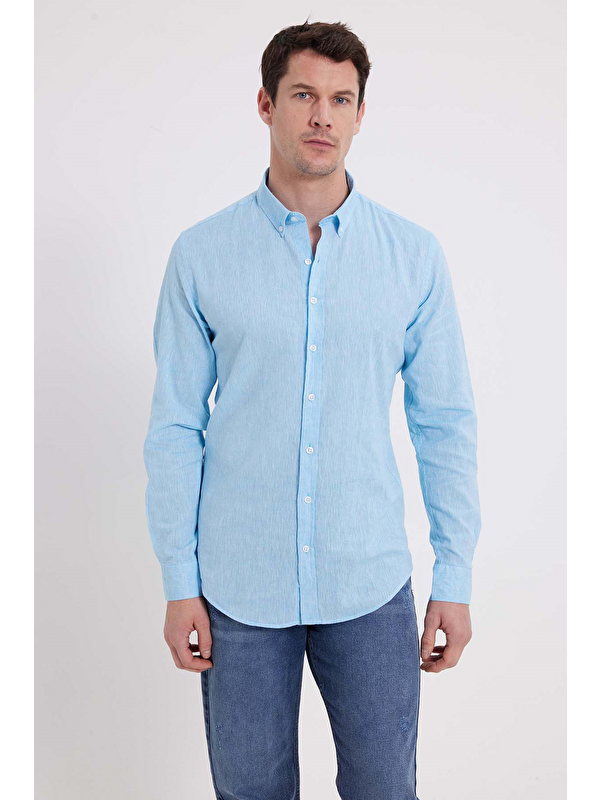 TUDORS Erkek Slim Fit Dar Kesim Uzun Kollu Keten Premium Seri Düğmeli Yaka Spor Açık Mavi Gömlek