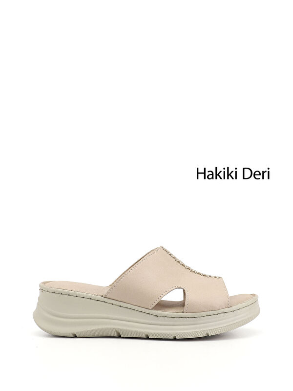 GÖNDERİ(R) Kadın YENİ BEJ Dolgu Taban Hakiki Deri Terlik