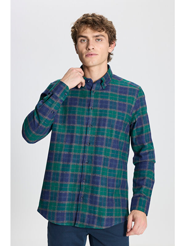 Altınyıldız Classics Erkek Yeşil-Lacivert Slim Fit Dar Kesim Düğmeli Yaka %100 Pamuk Ekose Desenli Flanel Oduncu Gömlek