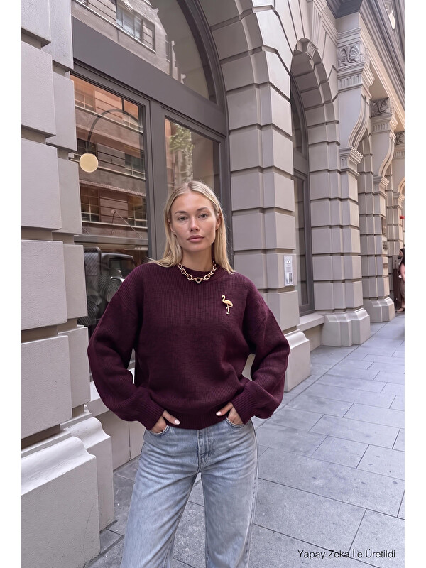 It's Basic Kadın Bordo w6-57 Oversize Aksesuar Detaylı Tasarım Triko Kazak
