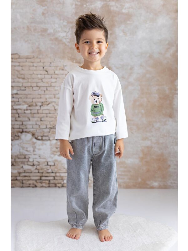MİNİNİO Erkek Bebek Baskılı T-Shirt Jean Pantolon Takım - Yeşil