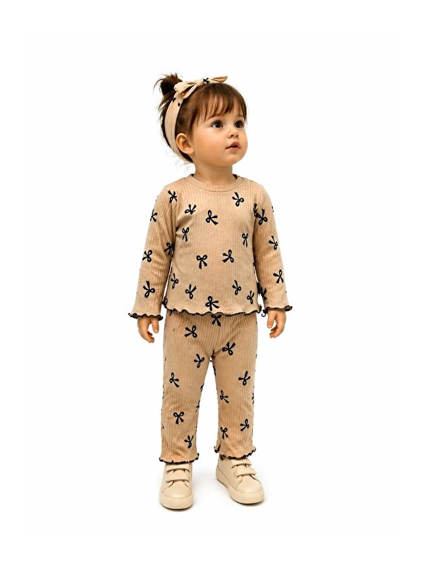Kidex's Kız Bebek Fiyonk Desenli Fitilli 3li Takım Uzun Kollu Bluz Pantolon Bandana