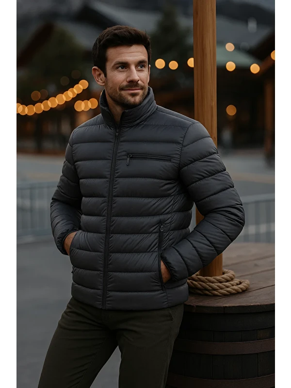Comstar Erkek Trend Günlük Dik Yaka Kışlık Füme Şişme Mont