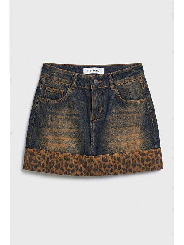 It's Basic Kadın Koyu Jean 2w6-8 Straight Leopar Detaylı Tasarım denim Etek