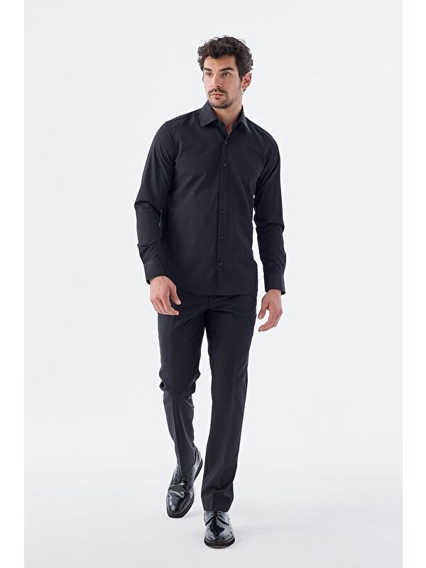 JAKAMEN Siyah Slim Fit Desenli İtalyan Yaka Klasik Kravatlık Pamuklu Gömlek