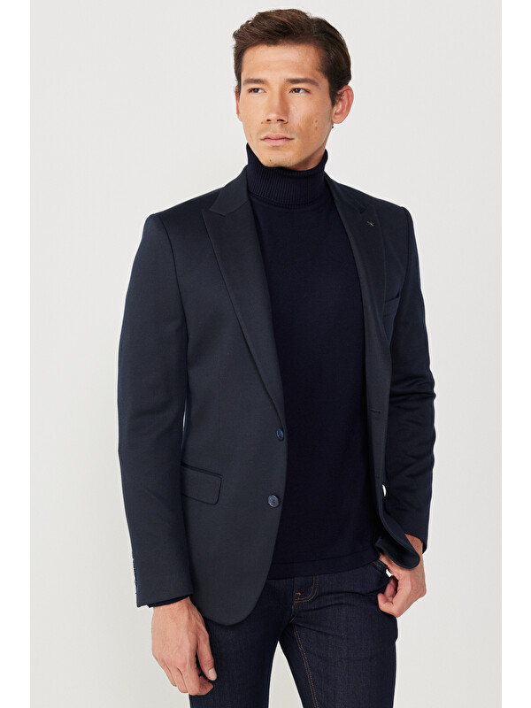 Altınyıldız Classics Erkek Lacivert Slim Fit Dar Kesim Kırlangıç Yaka Desenli Ceket