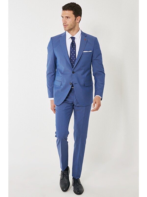 Altınyıldız Classics Erkek Mavi Slim Fit Mono Yaka Desenli Mavi Klasik Takım Elbise