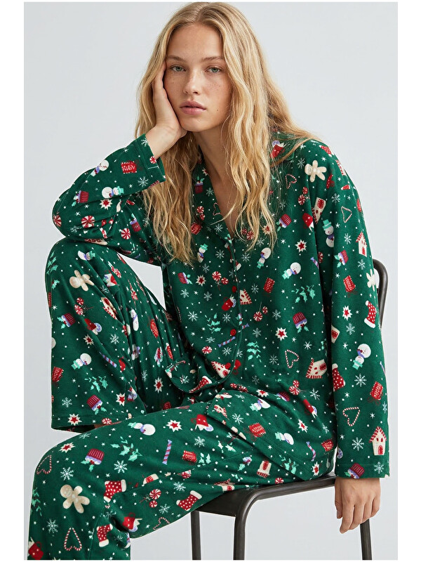 Siyah İnci yeşil yumuşak dokulu süet Düğmeli Örme Pijama Takım 7984