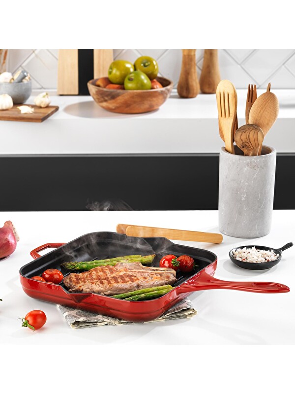 SCHAFER Guss Chef Döküm Kare Grill Tava 28x28Cm-1 Parça-Kırmızı