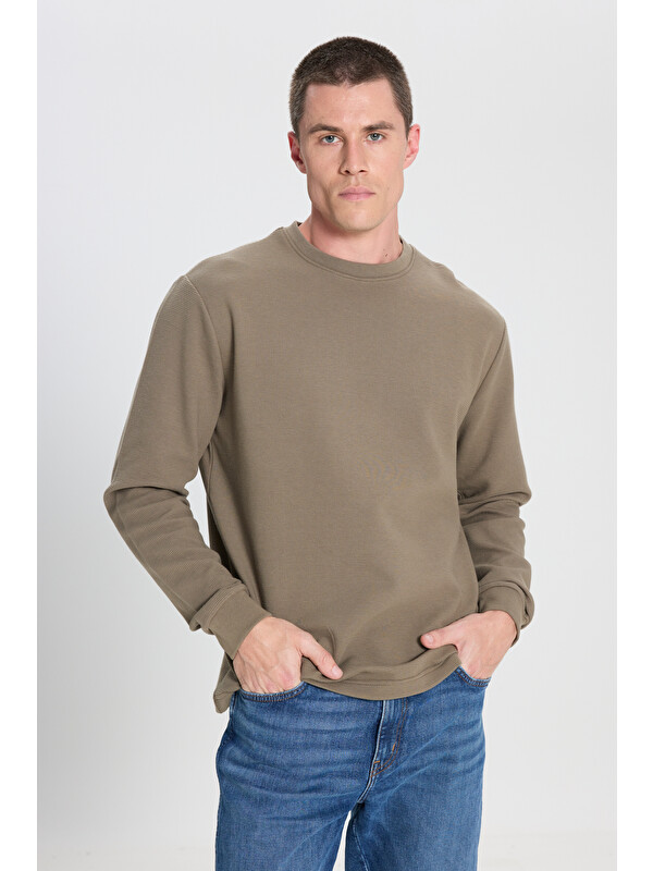 Wrangler Regular Fit Normal Kesim Bisiklet Yaka %100 Pamuk Haki Sweatshirt