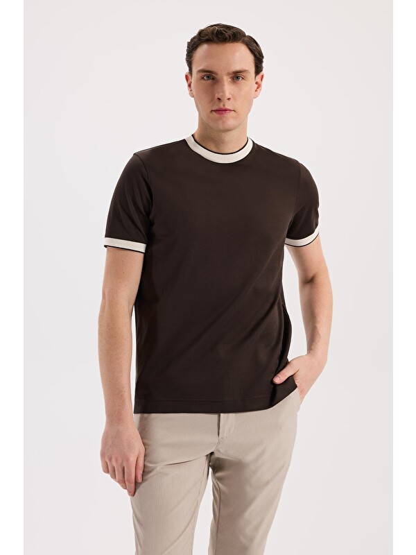 JAKAMEN Kahve Slim Fit Bisiklet Yaka %100 Pamuk T-Shirt