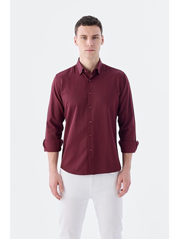 JAKAMEN Bordo Slim Fit Desenli Düğmeli Yaka Pamuklu Gömlek