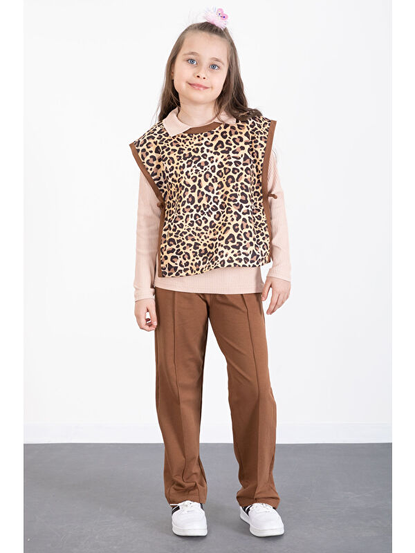 Cansın Mini Taba Leopar Desenli Süveterli Badili Kız Çocuk Pantolonlu 3lü Takım 20528