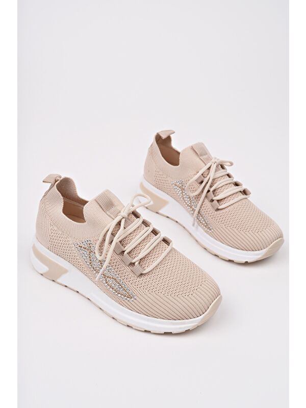 MARTHA Kadın Kalın Taban Günlük Triko Taşlı Bağcıklı Sneaker Spor Ayakkabı - Görsel 3