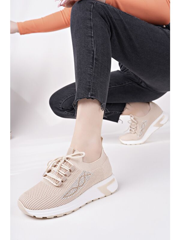 MARTHA Kadın Kalın Taban Günlük Triko Taşlı Bağcıklı Sneaker Spor Ayakkabı - Görsel 7