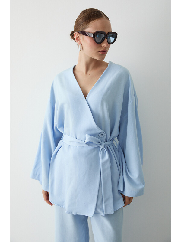 Laluvia Mavi Düğme Detaylı Kemerli Kimono - 005