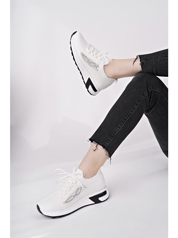 MARTHA Kadın Kalın Taban Günlük Triko Taşlı Bağcıklı Sneaker Spor Ayakkabı - Görsel 3
