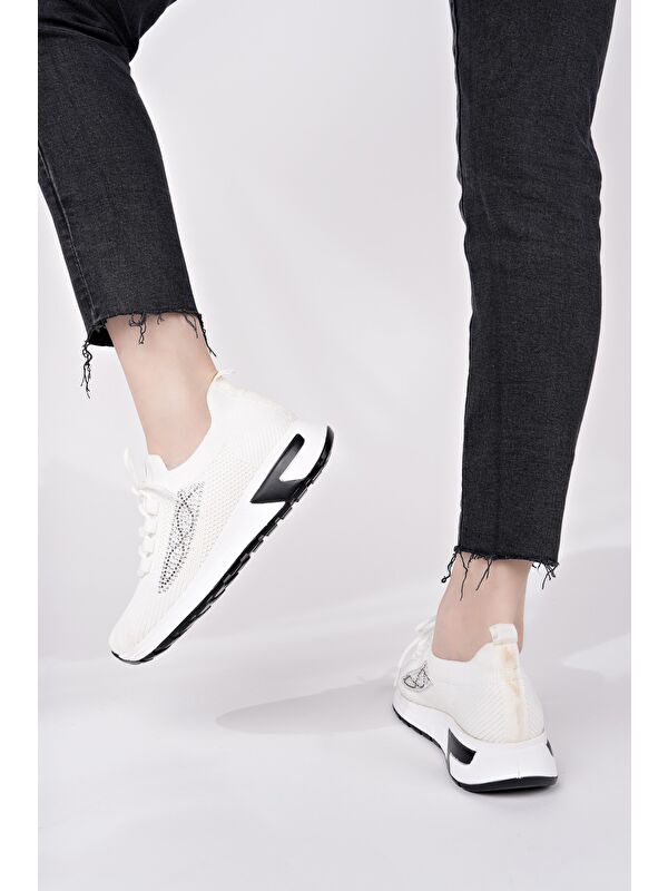 MARTHA Kadın Kalın Taban Günlük Triko Taşlı Bağcıklı Sneaker Spor Ayakkabı - Görsel 4