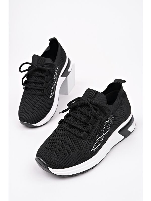 MARTHA Kadın Kalın Taban Günlük Triko Taşlı Bağcıklı Sneaker Spor Ayakkabı - Görsel 4