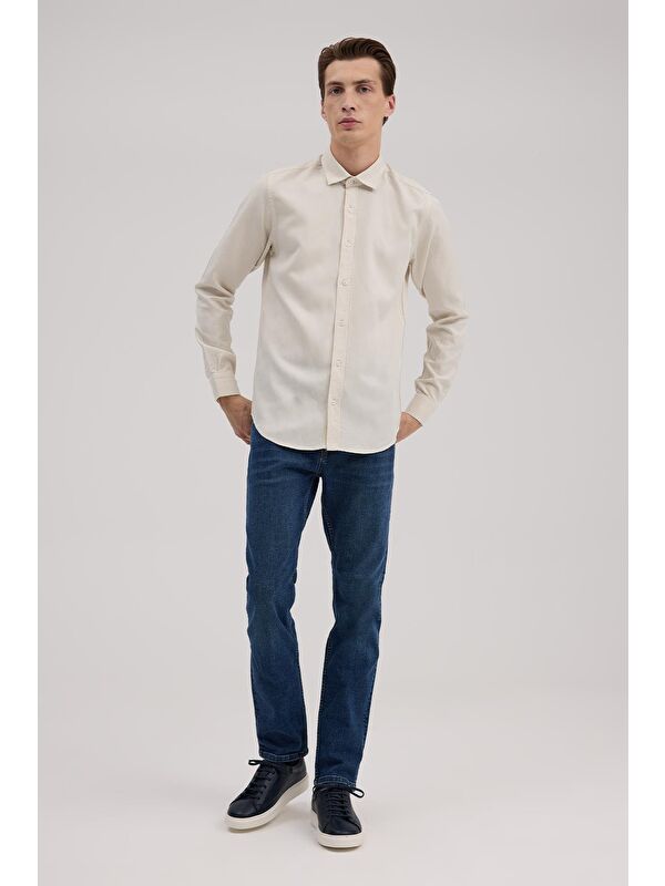 JAKAMEN Krem Slim Fit Keten Karışımlı Spor Gömlek