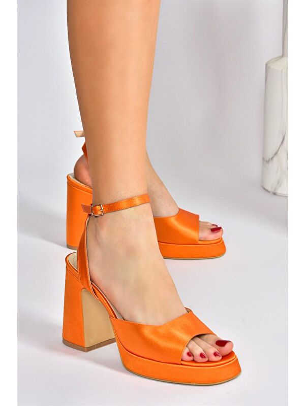 Turuncu Saten Kumaş Kalın Platform Topuklu Kadın Ayakkabı M570345604 - Görsel 4