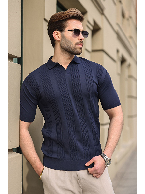 Madmext Lacivert Polo Yaka Triko Erkek Tişört E7469