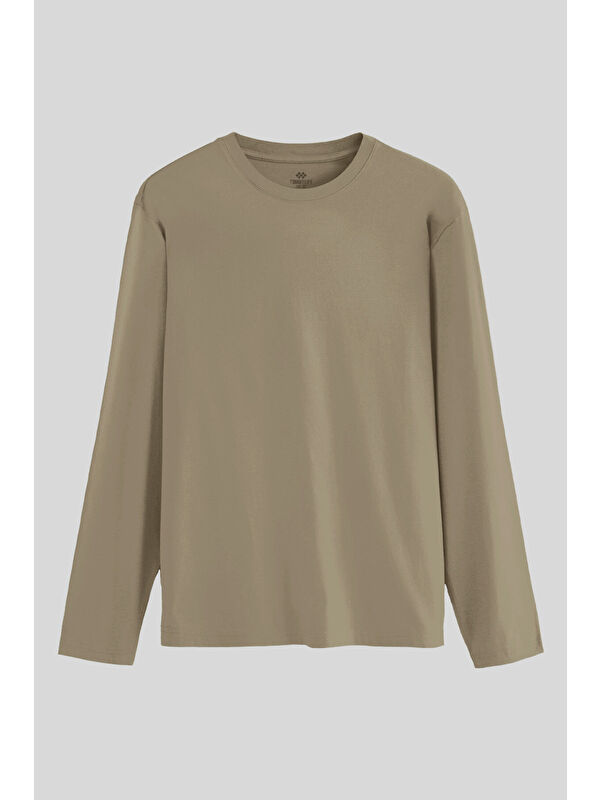 Tommylife Koyu Bej Standart Fit Basic O Yaka Uzun Kollu İnce Erkek T-Shirt - 87997