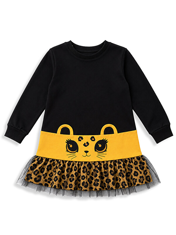 Denokids Kız Çocuk Leopar Aplikeli Tüllü Pamuklu Elbise – Siyah Uzun Kollu Rahat Tasarım (3-8 Yaş
