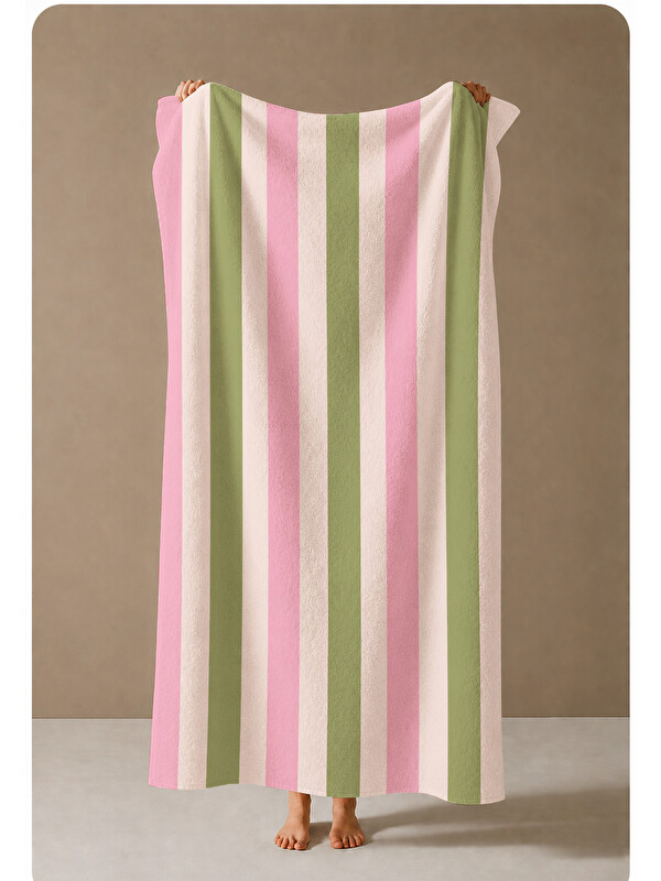 Milbay Grup Pembe Yeşil Dikey Şerit Desenli 70x150 Plaj Havlusu
