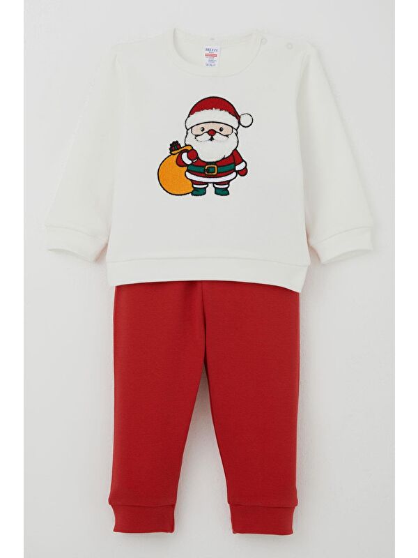 Breeze Erkek Bebek Pijama Takımı Omuzdan Patlı Yılbaşı Temalı Nakışlı Ekru (4 Ay-1 Yaş)