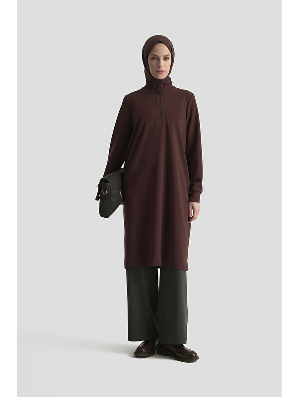 ARMİNE Fermuar Detaylı Basic Tunik Kahve