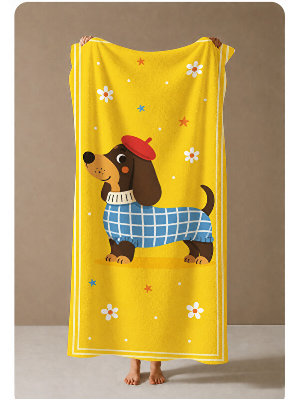 Milbay Grup Sarı Dachshund Pati Desenli 70x150 Plaj Havlusu
