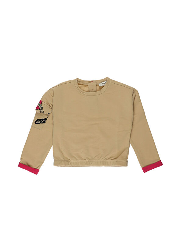 Panço Kız Bebek Kolu Cep Detaylı Bej Sweatshirt